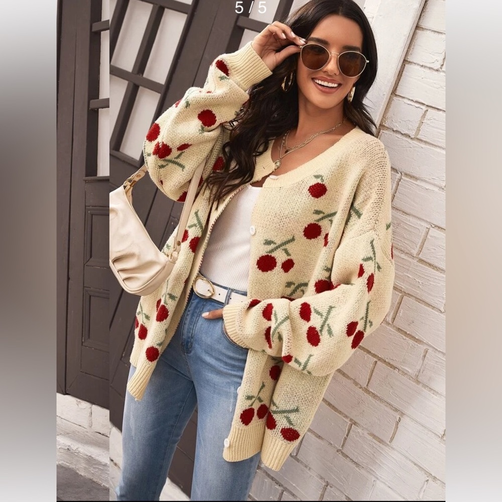 Shein Cherry Print Knit Cardigan